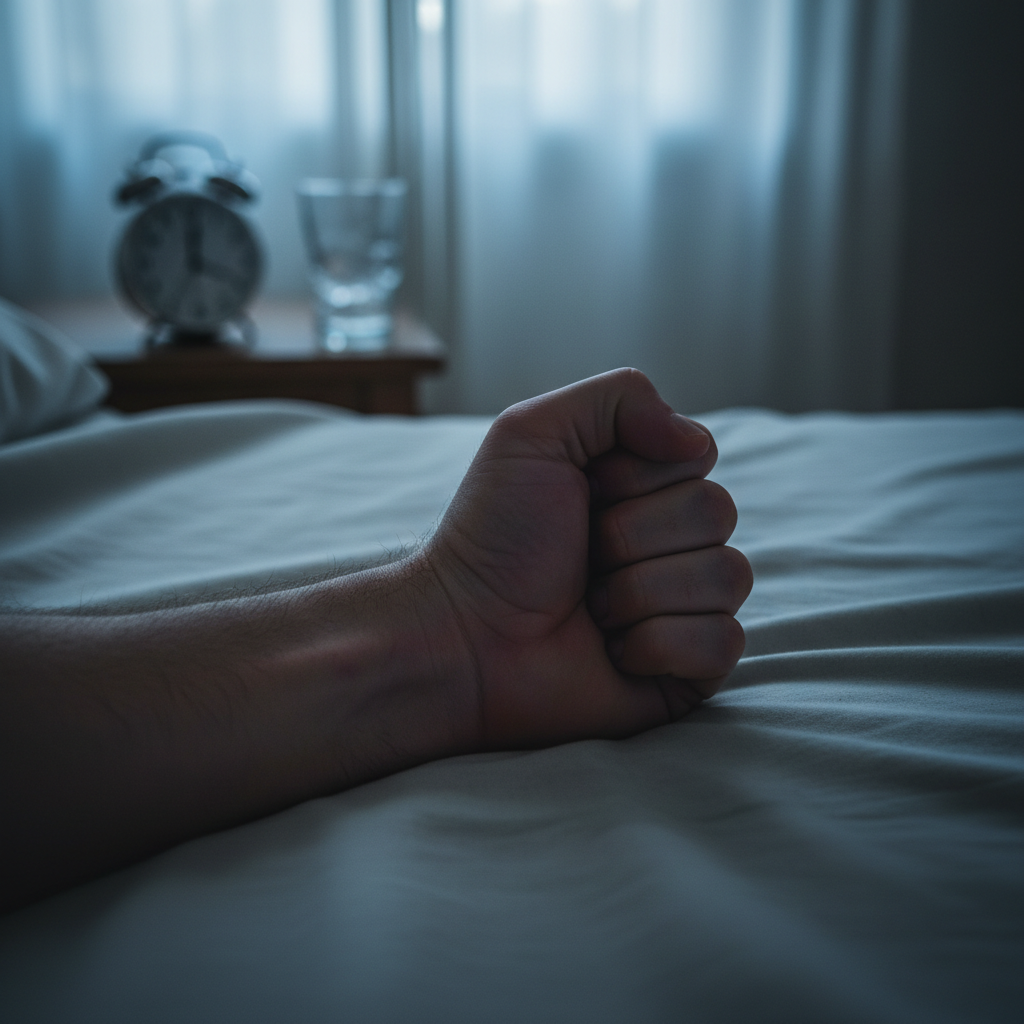 Close-up of a clenched fist on a bed, an alarm clock on a bedside table.