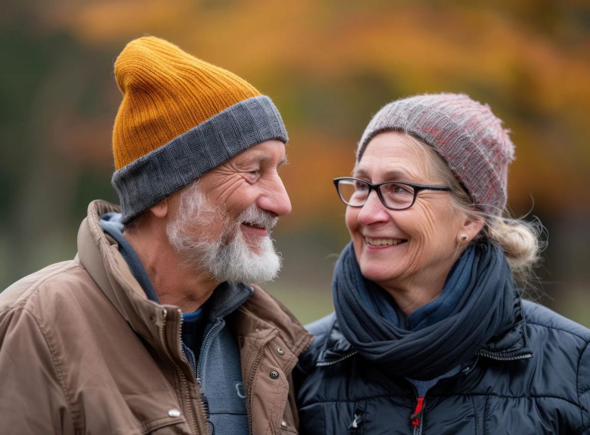 couple with hats on smiling at eachother