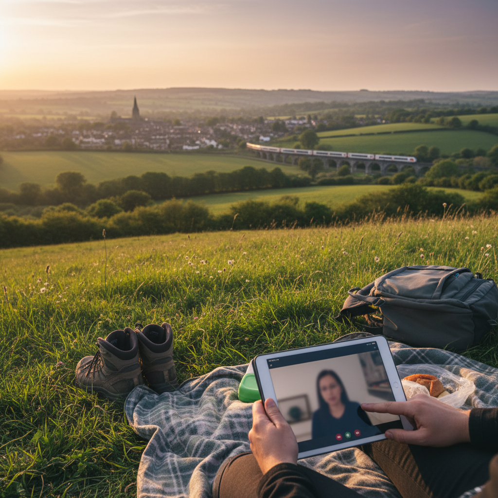 Person on blanket holding tablet with video call, overlooking valley with village and train.