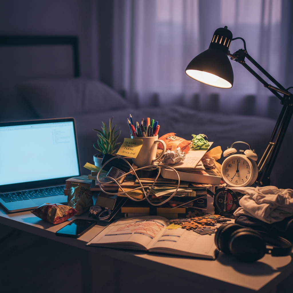Cluttered desk with laptop, stack of books, alarm clock, and bright desk lamp.