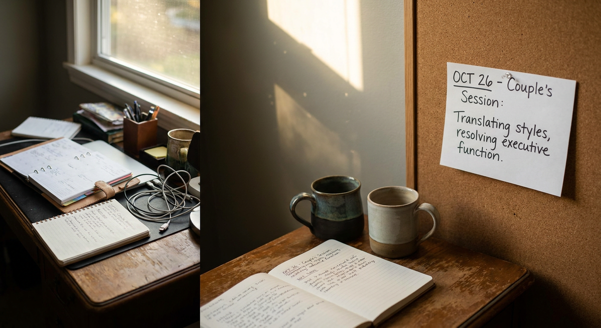 Sunlit wooden desk with open notebooks, ceramic mugs and a pinned couple's session note.