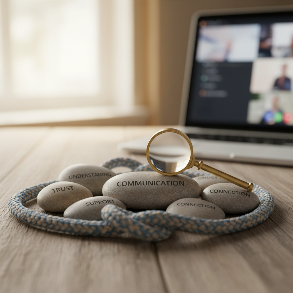 Stones with words like "COMMUNICATION" and "TRUST" by a laptop video call.