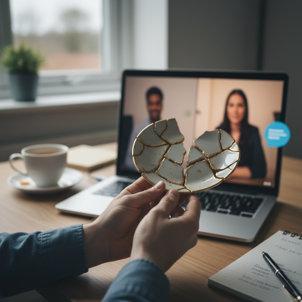 Hands hold a kintsugi-repaired plate, with a laptop video call in the background.