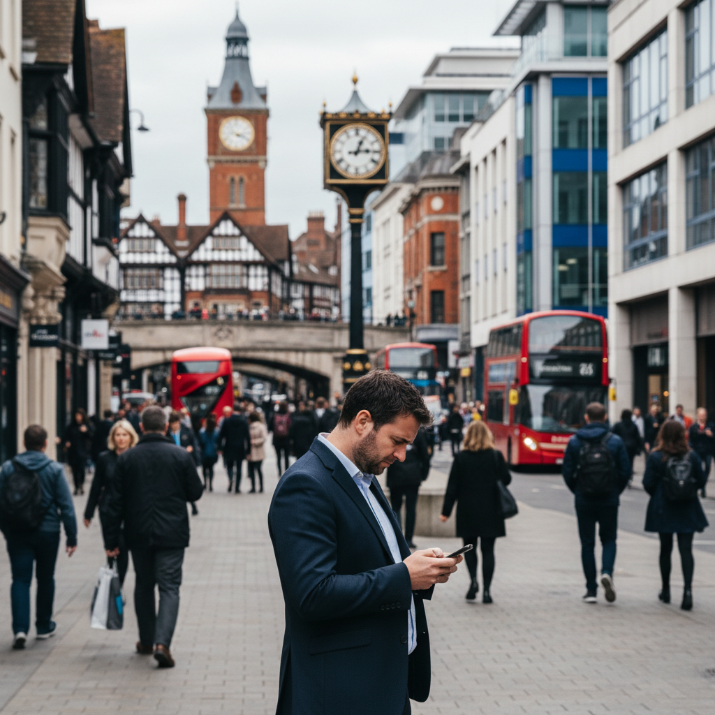 Man in a suit using his phone on a busy street with iconic British clocks and buses.