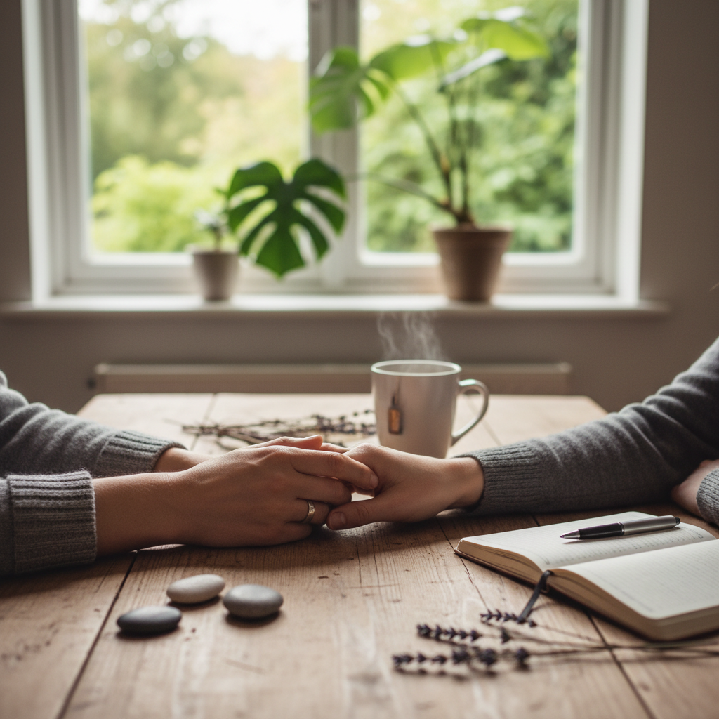 Couple sitting together holding hands with a copy of coffee after tense talks