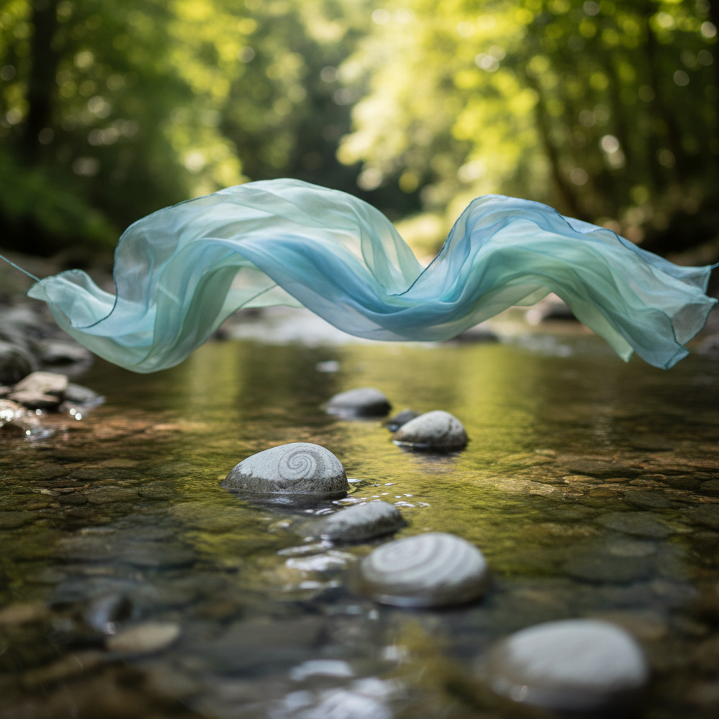 Blue and green flowing silk suspended over a shallow stream with spiral-etched stepping stones.