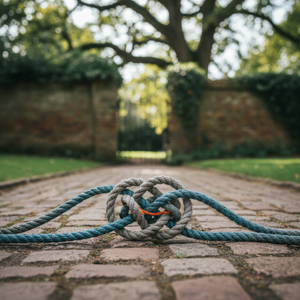 Heart-shaped knot of grey and blue rope on a cobbled path, with blurred garden gates.