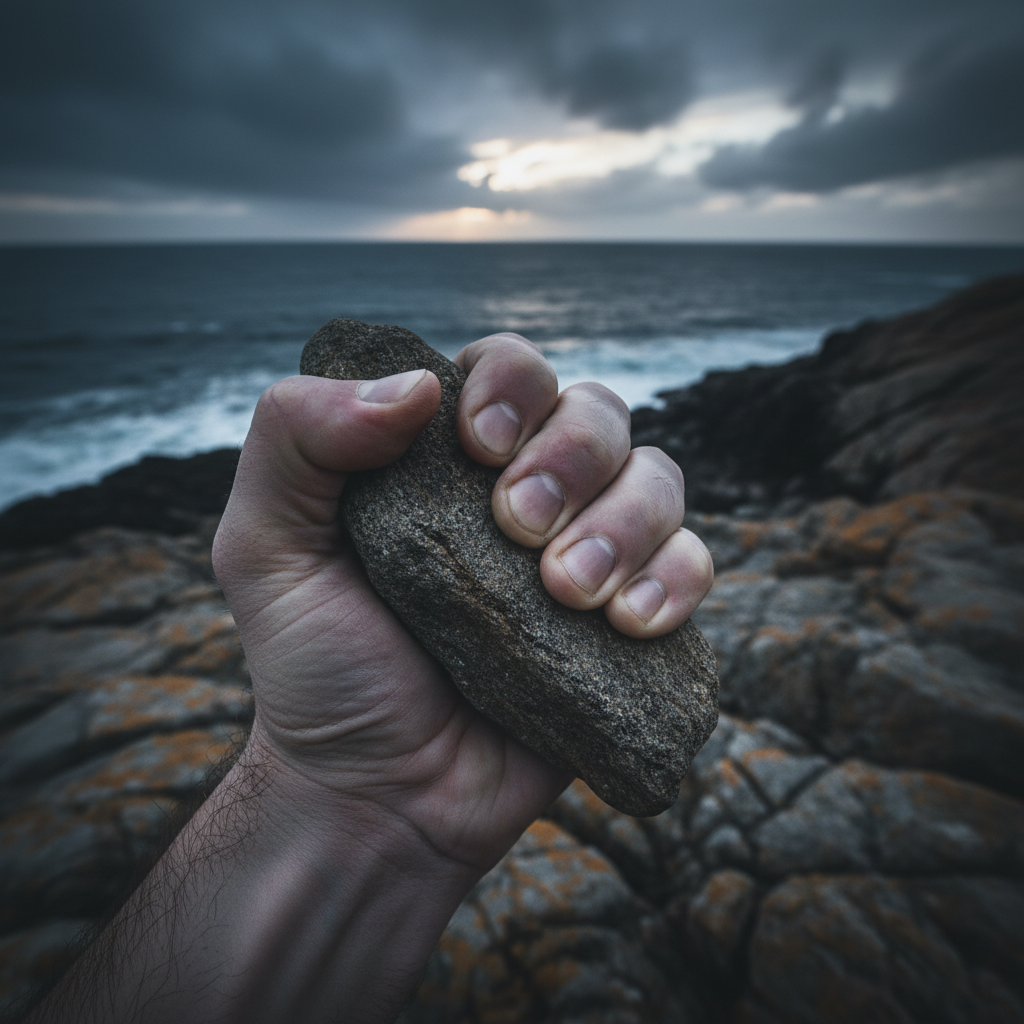 Fist clutching a rock, with a moody sea and dark, cloudy sky in the background.
