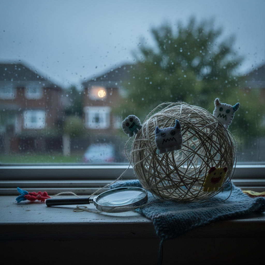 Yarn ball with small felt monsters and magnifying glass on a windowsill overlooking a rainy street.