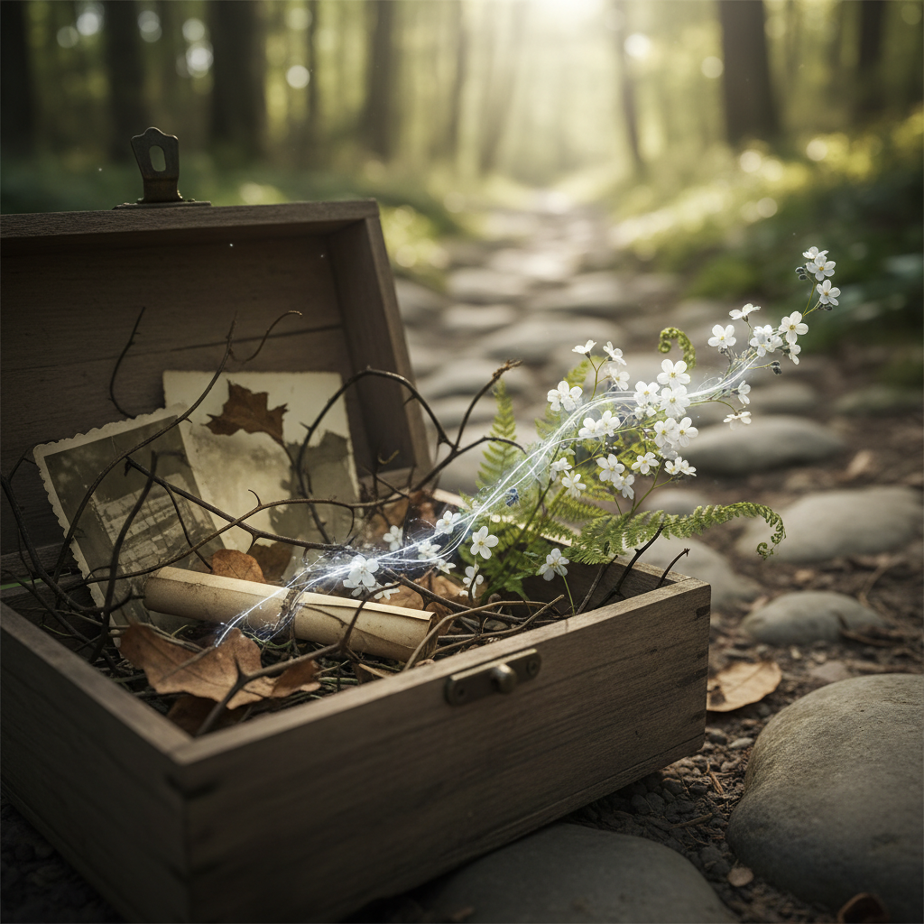 Open wooden box with glowing white flowers, scroll, and old photos on a forest path.