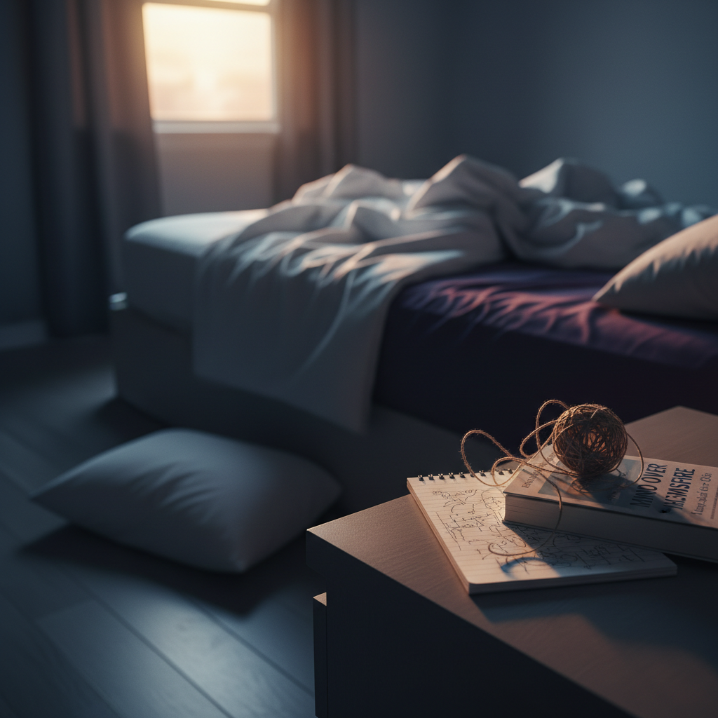 Dimly lit bedroom scene with an unmade bed, a book, notepad, and string on a bedside table.