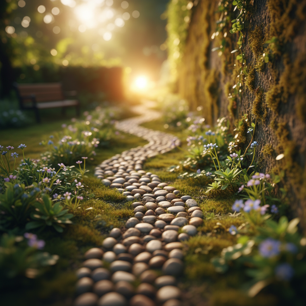 Winding pebble path through a vibrant garden with flowers, mossy wall, and bright sunlight.