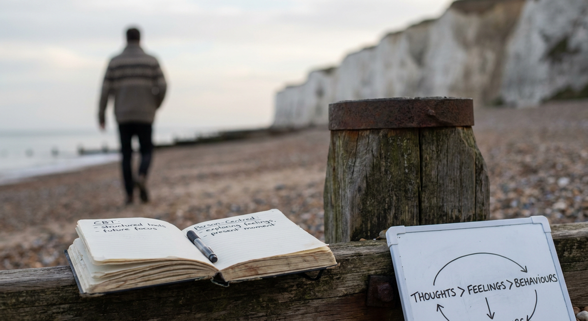 Open therapy notebook and whiteboard on a shingle beach with a man walking away.