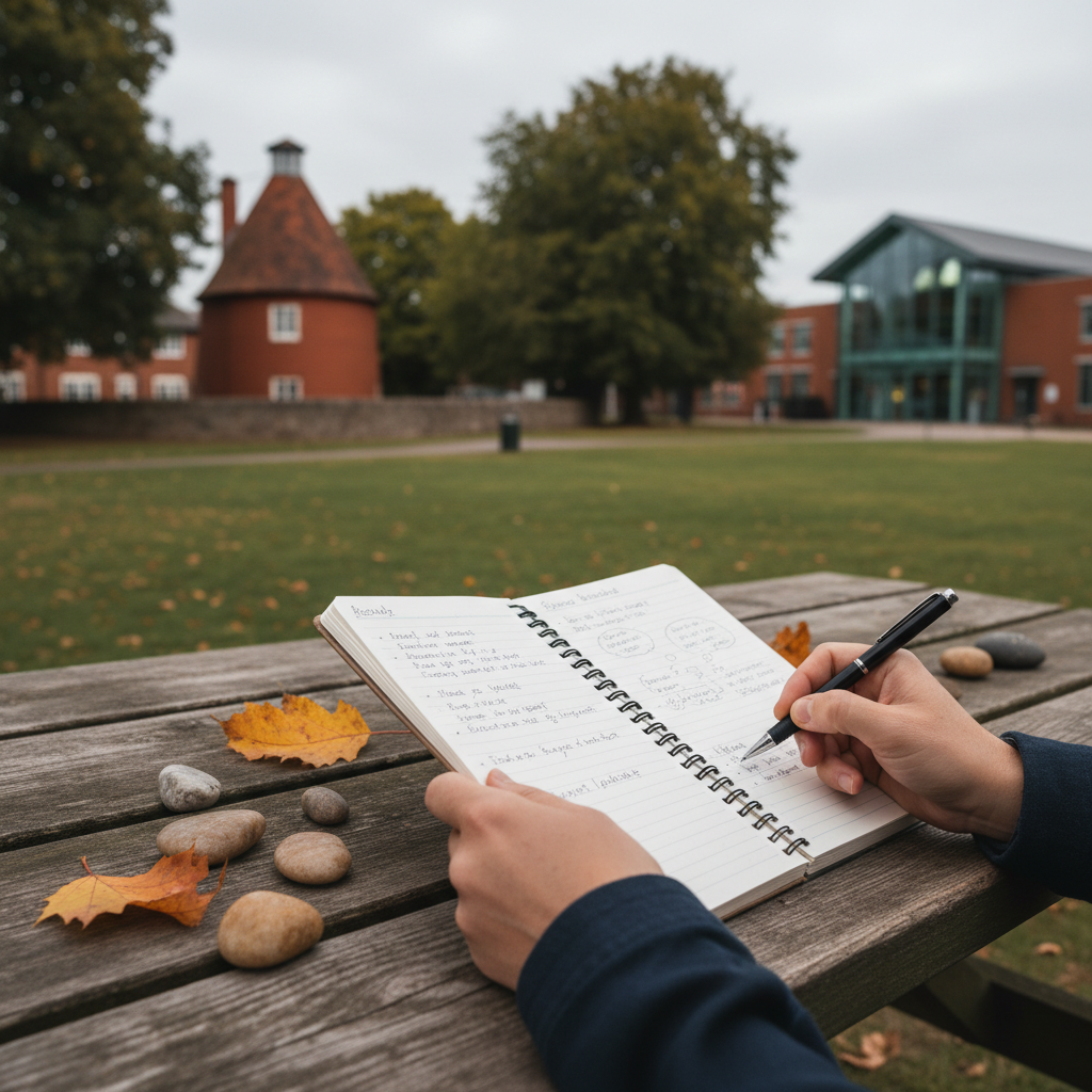 Hands writing in a notebook on a wooden table with a brick oast house in background.