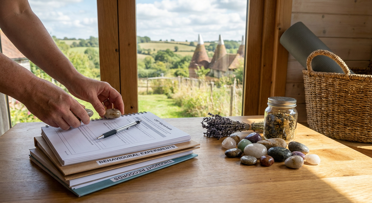 Hands placing smooth stones on CBT worksheets by a window overlooking English countryside.