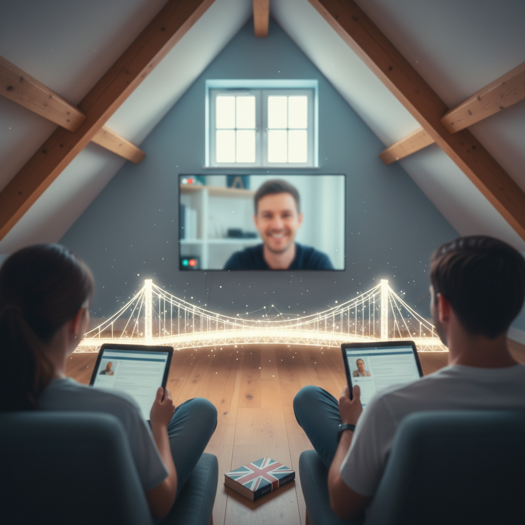 Man and woman video conferencing with a teacher, connecting over a glowing digital bridge.