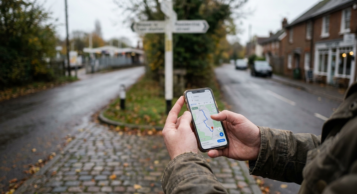 Hands holding a smartphone showing a navigation map near a village road signpost.