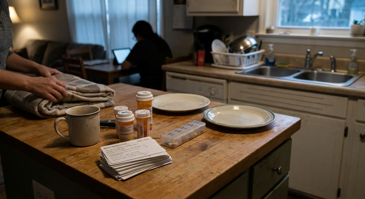 Prescription bottles, a pill organiser, and a mug on a wooden kitchen island.