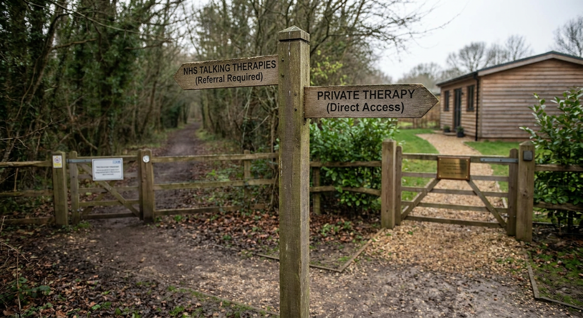 Wooden signpost pointing towards NHS therapies in a wood and private therapy at a cabin.