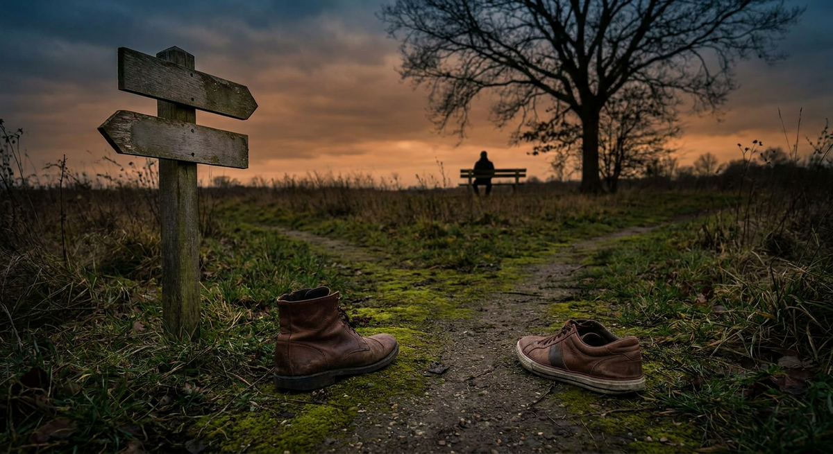 Mismatched shoes on a grassy path fork beside a wooden signpost at dusk.
