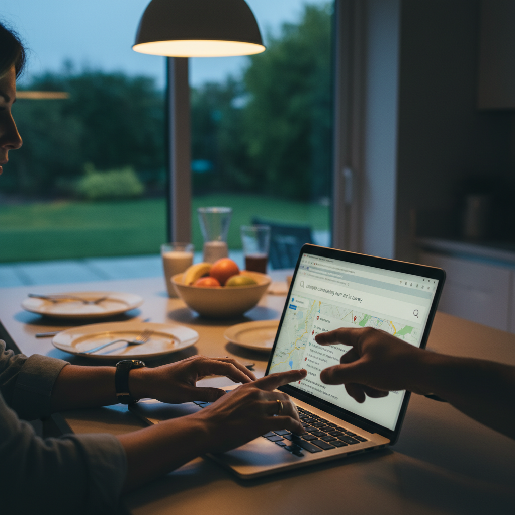 Person using a laptop with a map displayed, another hand points at the screen.