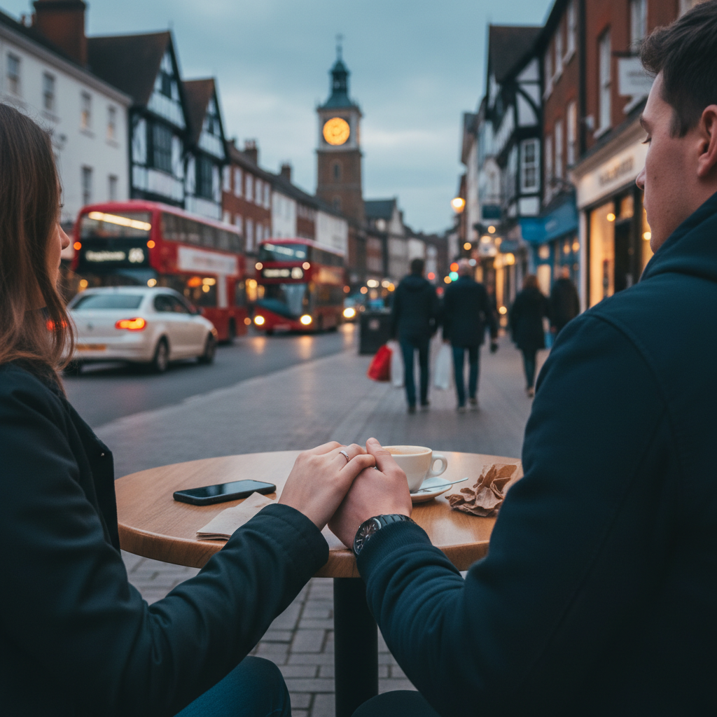 Couple holding hands at outdoor cafe, overlooking a busy British street with red buses and clock tower.