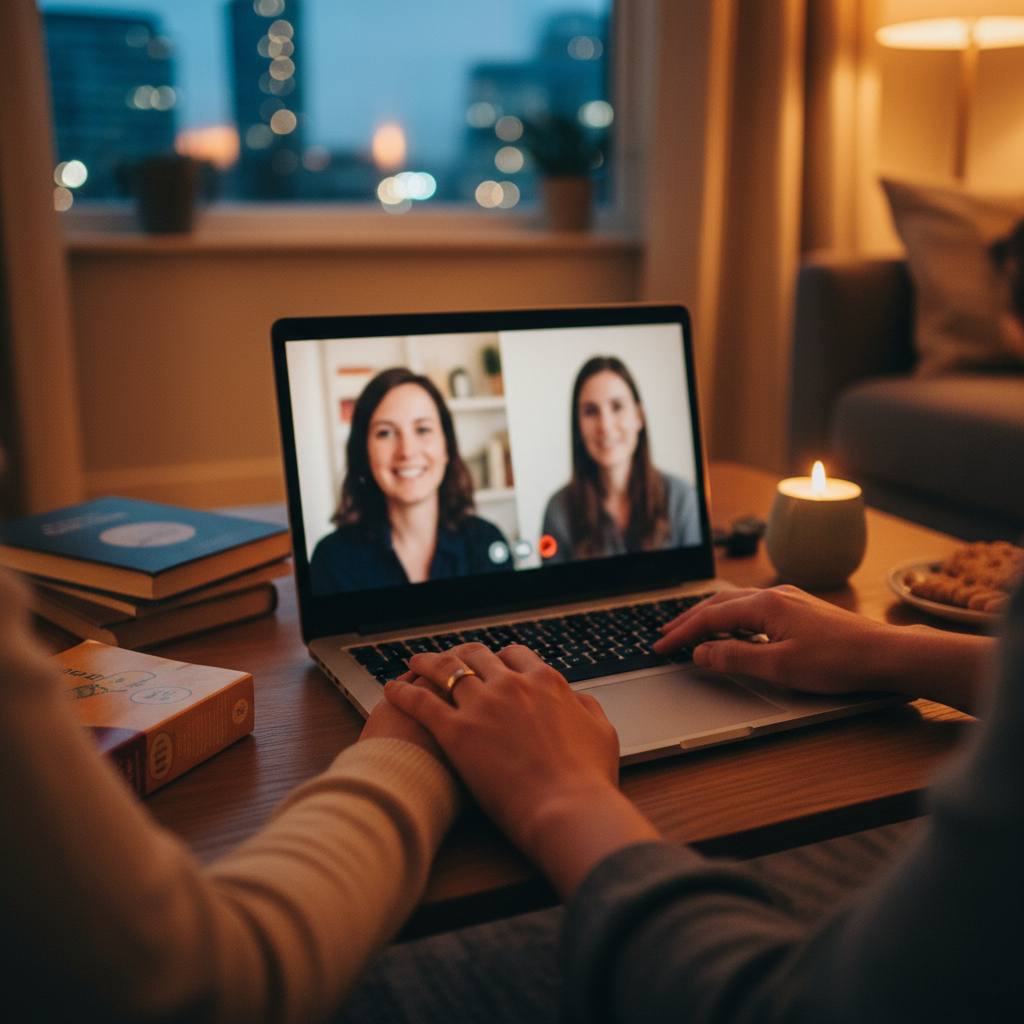 Couple holding hands, video calling two women on a laptop in a cosy living room.