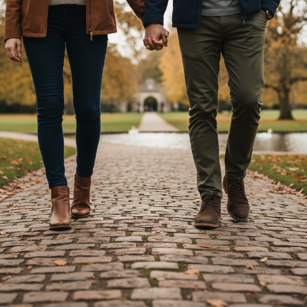 Couple walking hand-in-hand on a cobbled path surrounded by autumn leaves and trees.