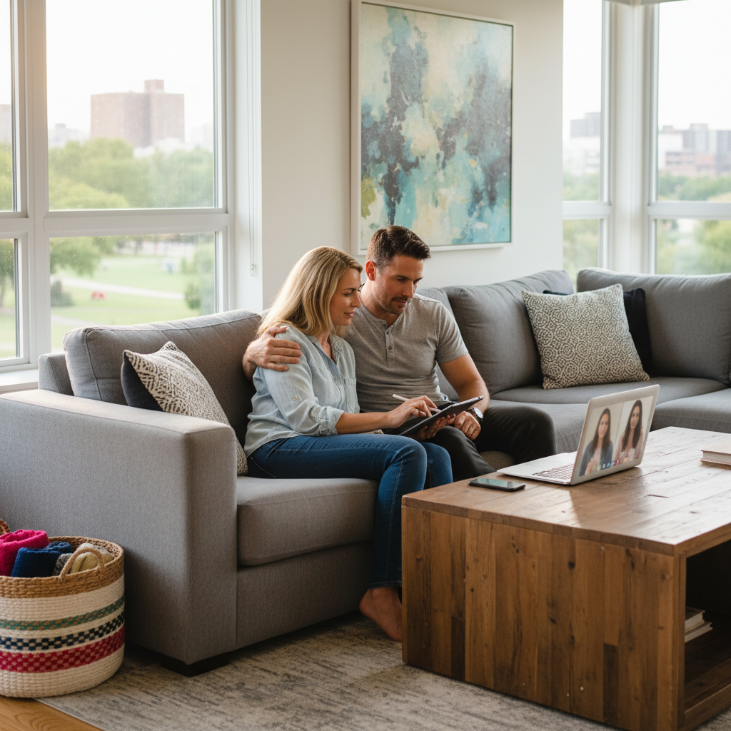 Couple on a grey sofa, man embracing woman using a tablet, laptop on table.