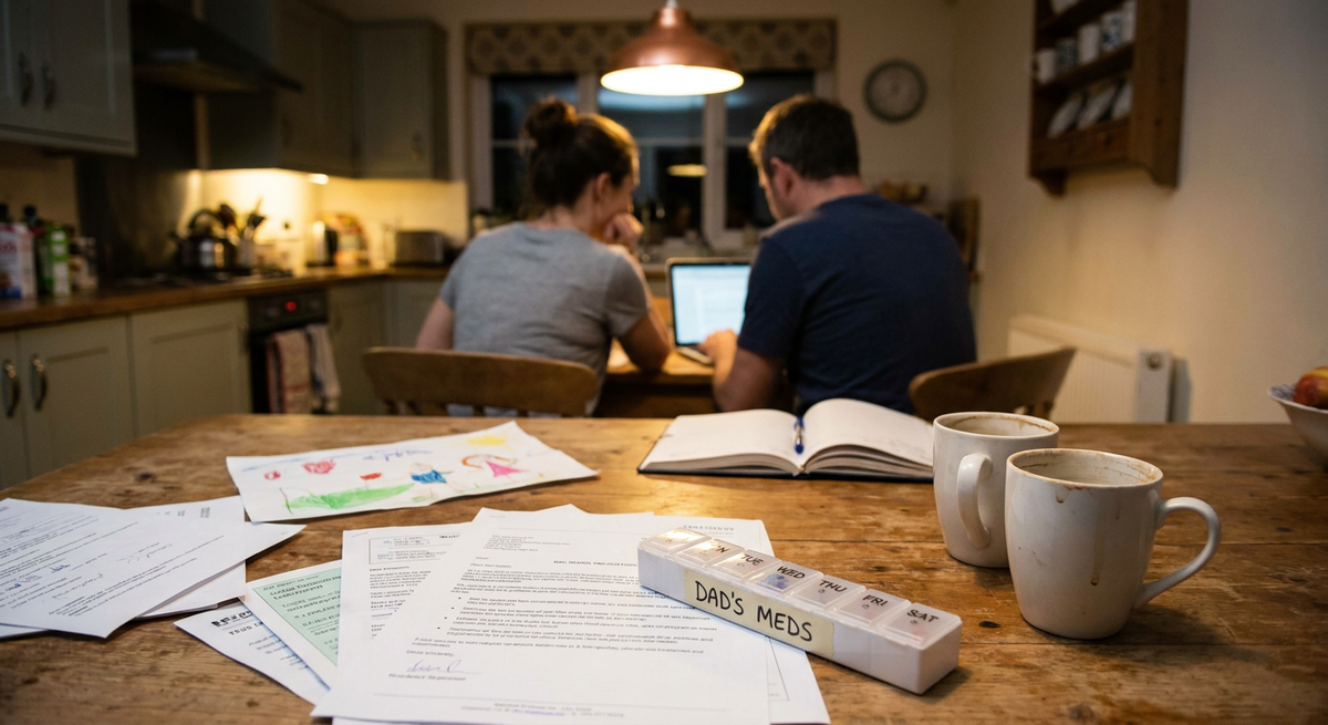 Documents and a pill organiser on a kitchen table with a couple working behind.