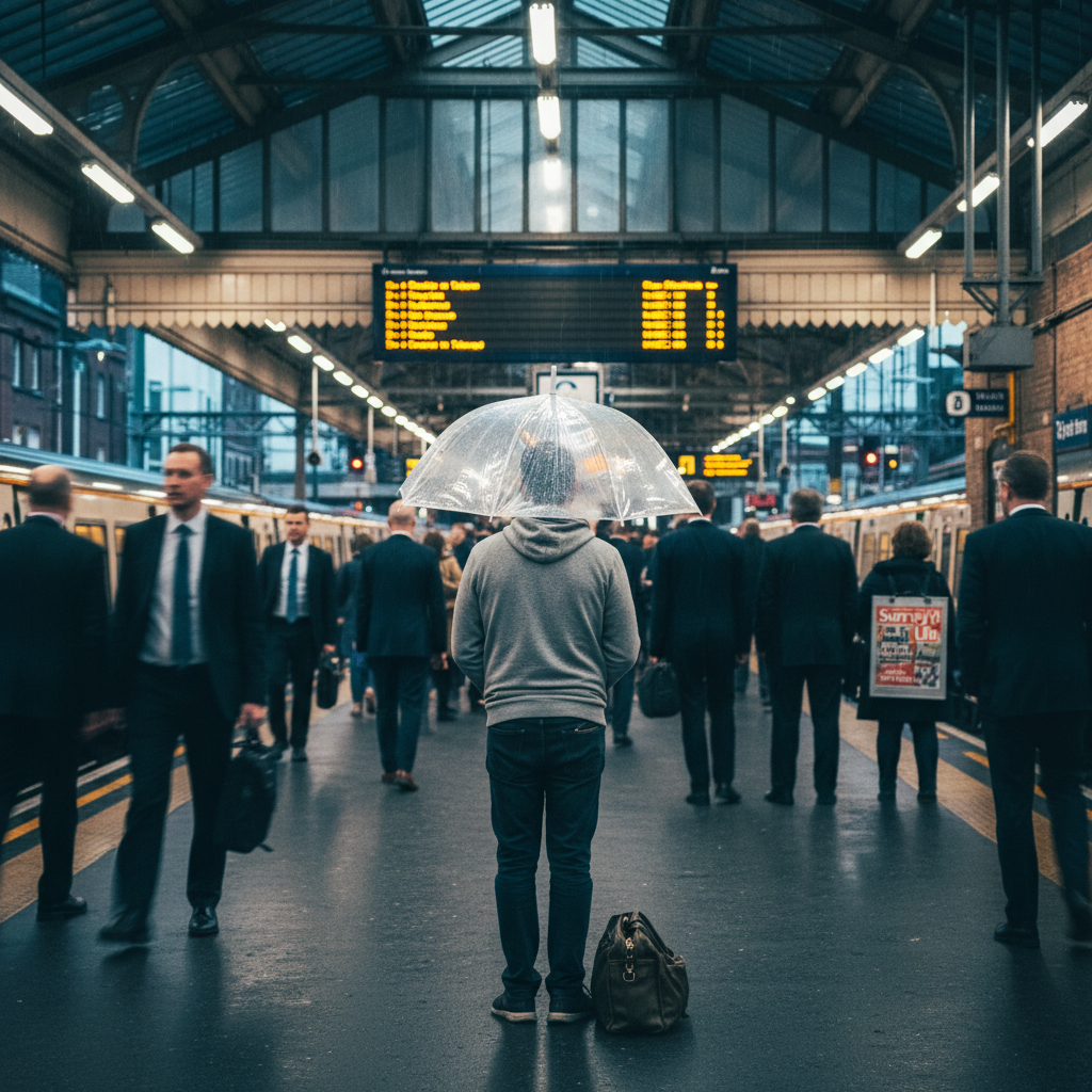 Person with clear umbrella on a crowded train station platform with blurred commuters.