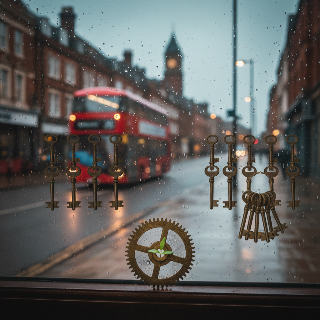 Old skeleton keys and a gear with a green shoot on a rainy window, red bus outside.