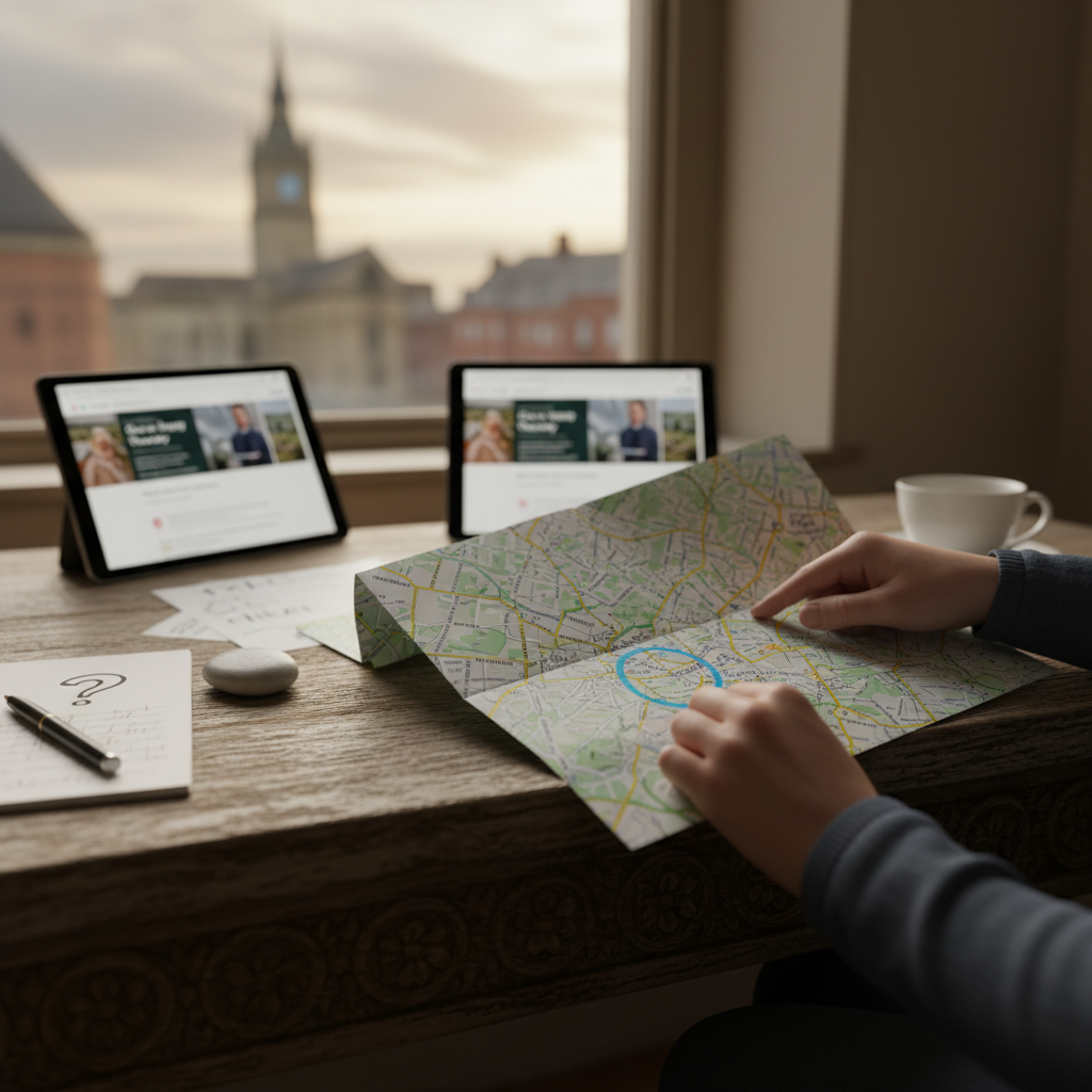 Hands pointing at a folded map on a wooden desk, tablets, and a city view outside.