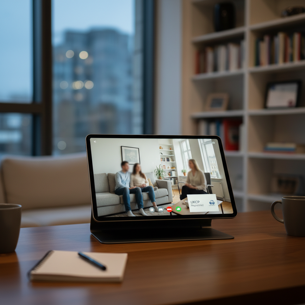 Tablet showing online therapy session with a couple and therapist, UKCP registered.