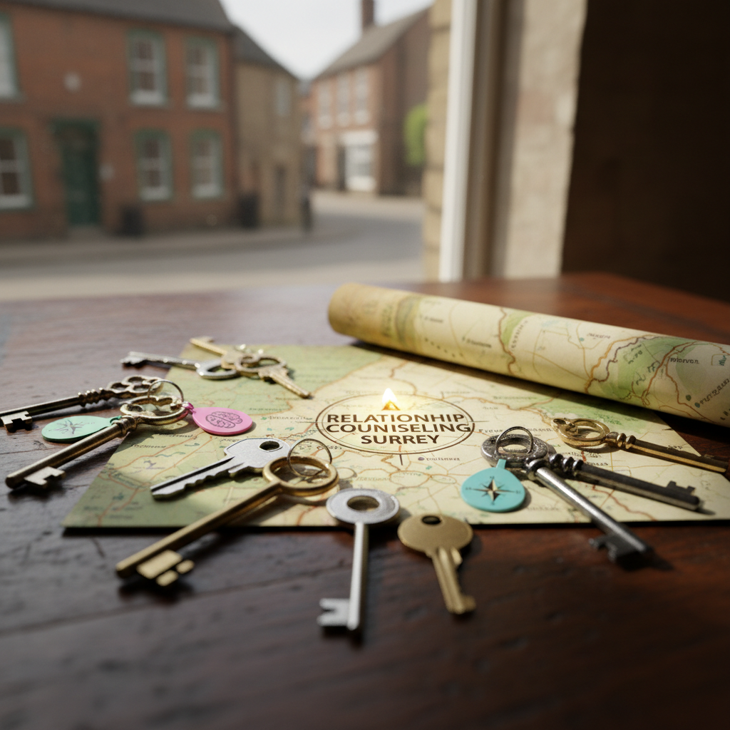 Various keys on a map of Surrey with "Relationship Counselling" highlighted, street outside.