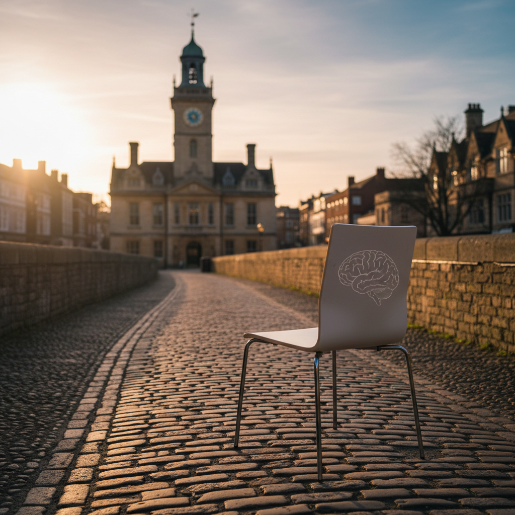 Beige chair with brain motif on cobbled street, historic building with clock tower at sunset.