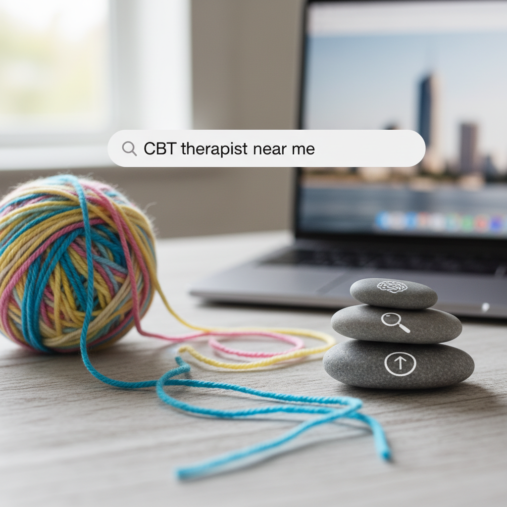 A colourful ball of yarn, stacked pebbles, and a laptop with a CBT search bar.