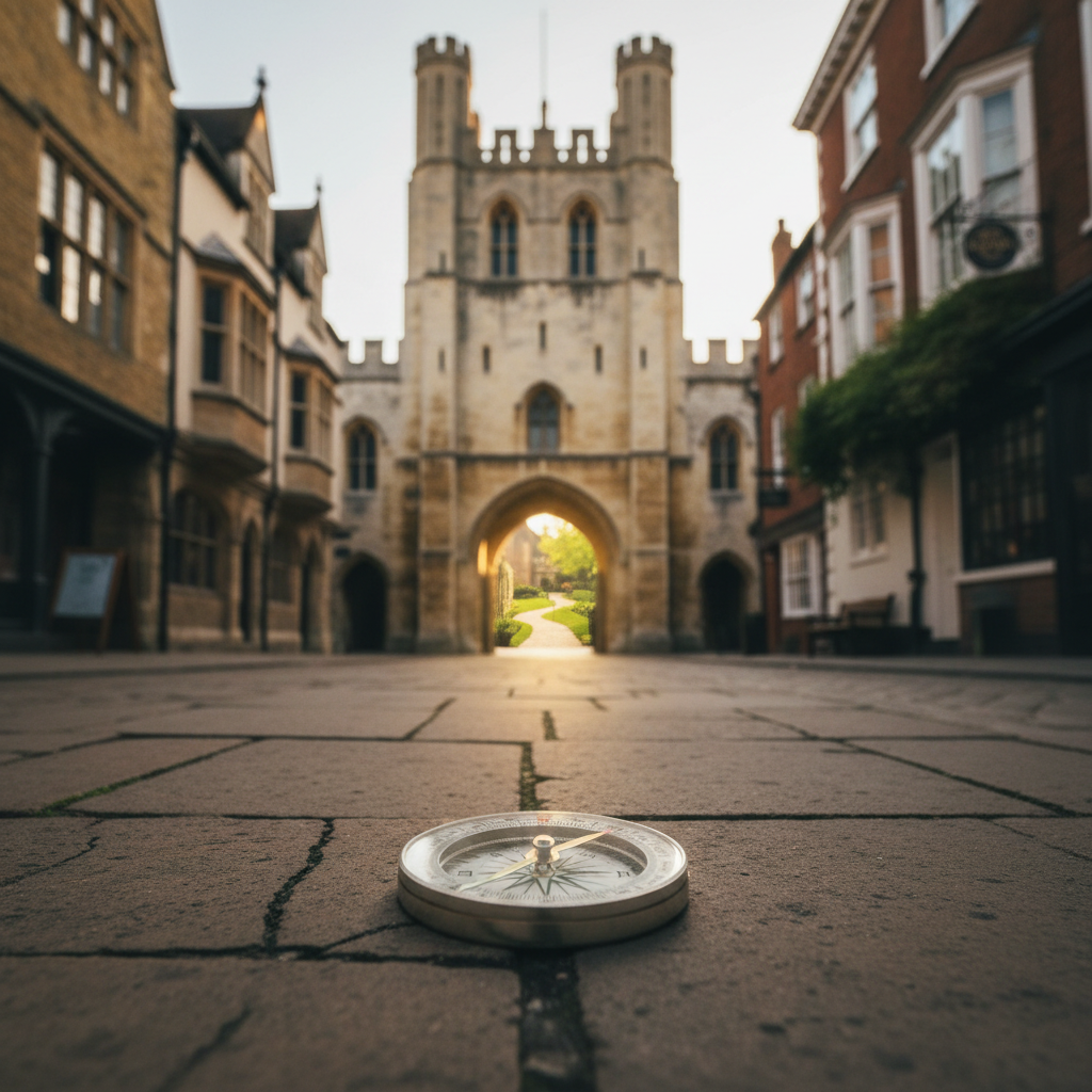 A compass on stone paving, with a historic archway and buildings in the background.