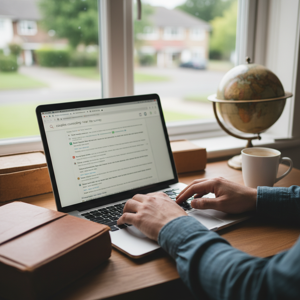 Hands typing on a laptop searching for couples counselling near me Surrey.