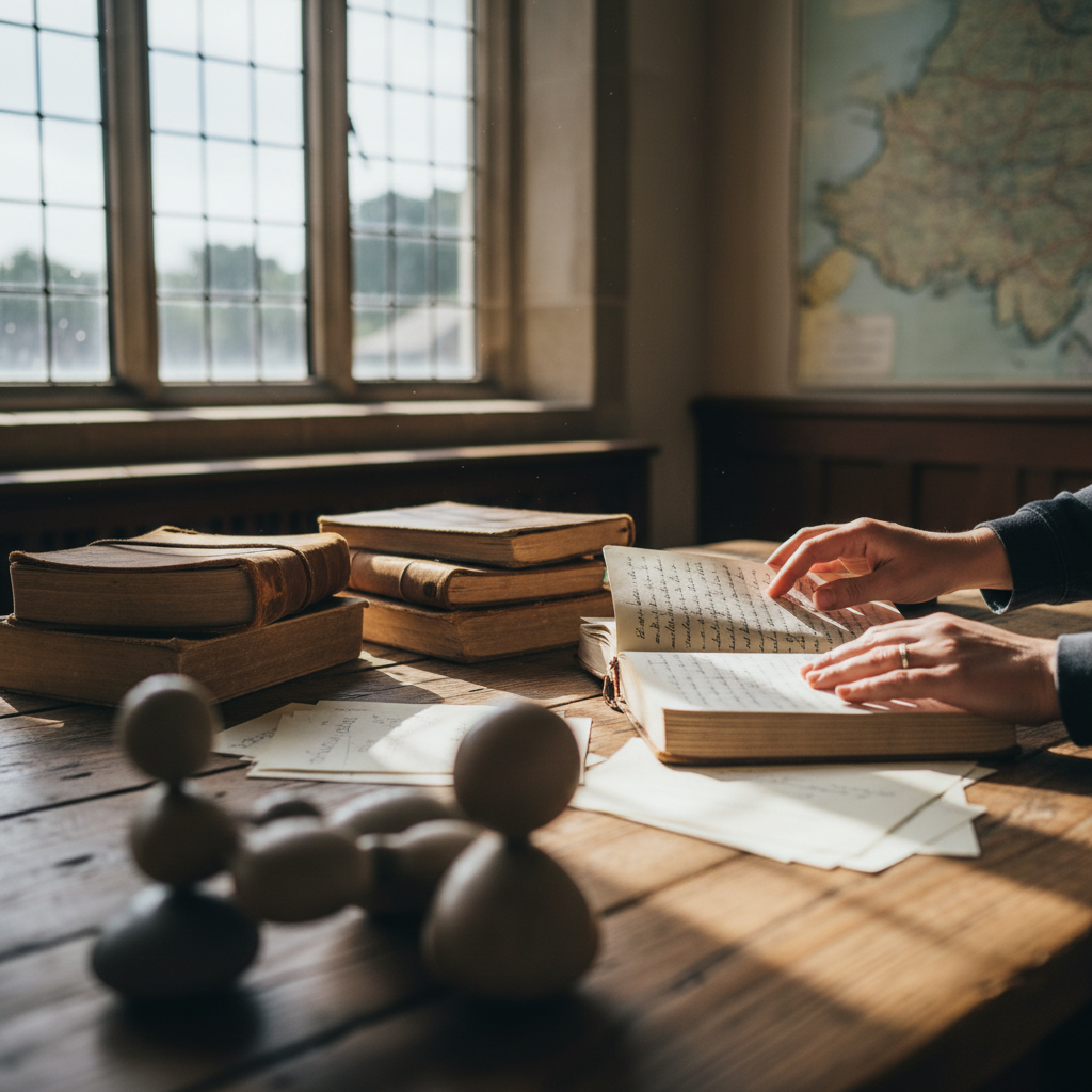 Hands reading an antique handwritten book on a sunlit wooden table with old books.