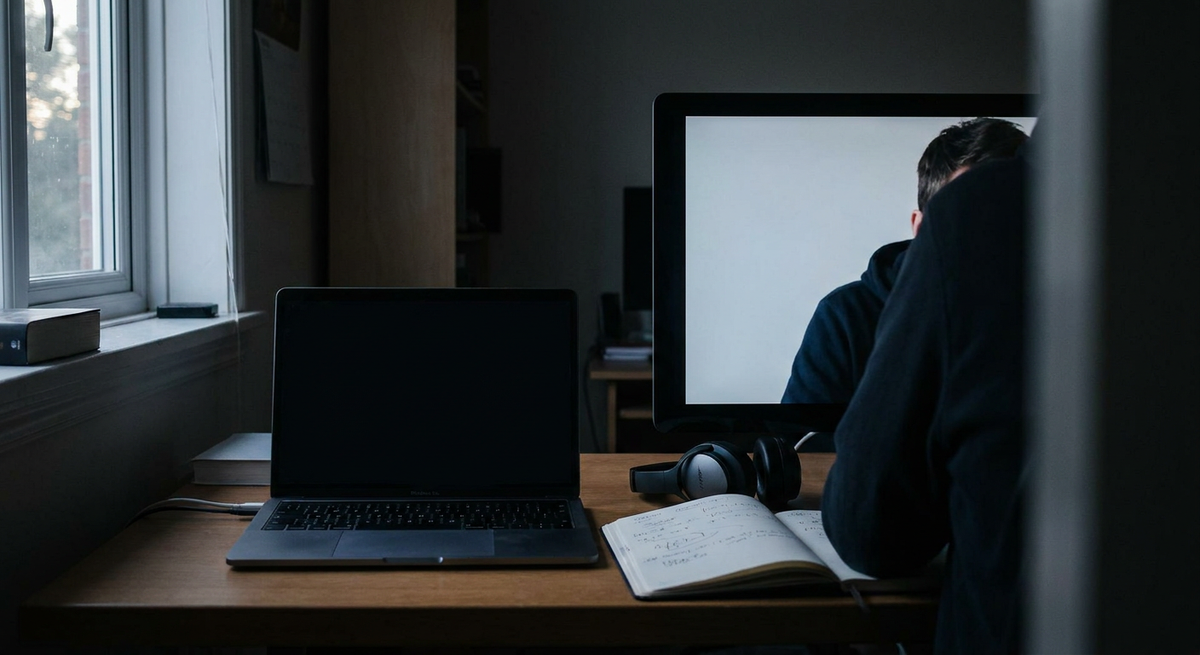 Person sitting at a wooden desk with a laptop, large monitor, and open notebook.