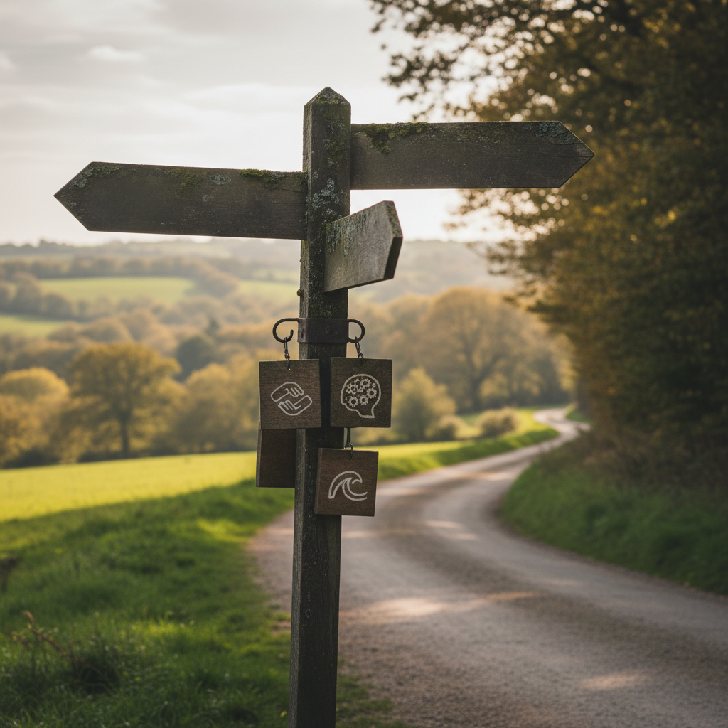 Rustic wooden signpost with icons beside a winding road through green, hilly countryside.
