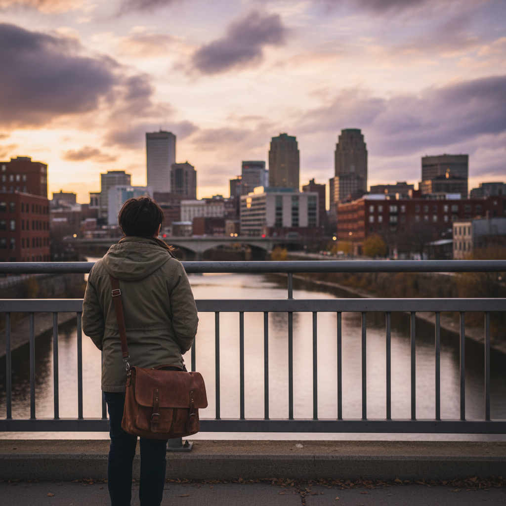 Person in coat with messenger bag looking at city skyline across a river from a bridge.