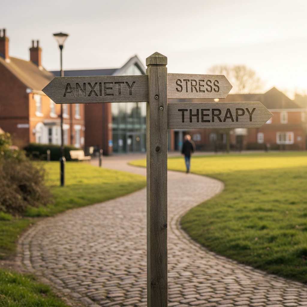 Wooden signpost showing directions to Anxiety, Stress, and Therapy on a sunny path.