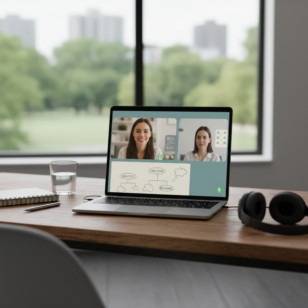 Laptop on desk showing two women on a video call with a diagram.