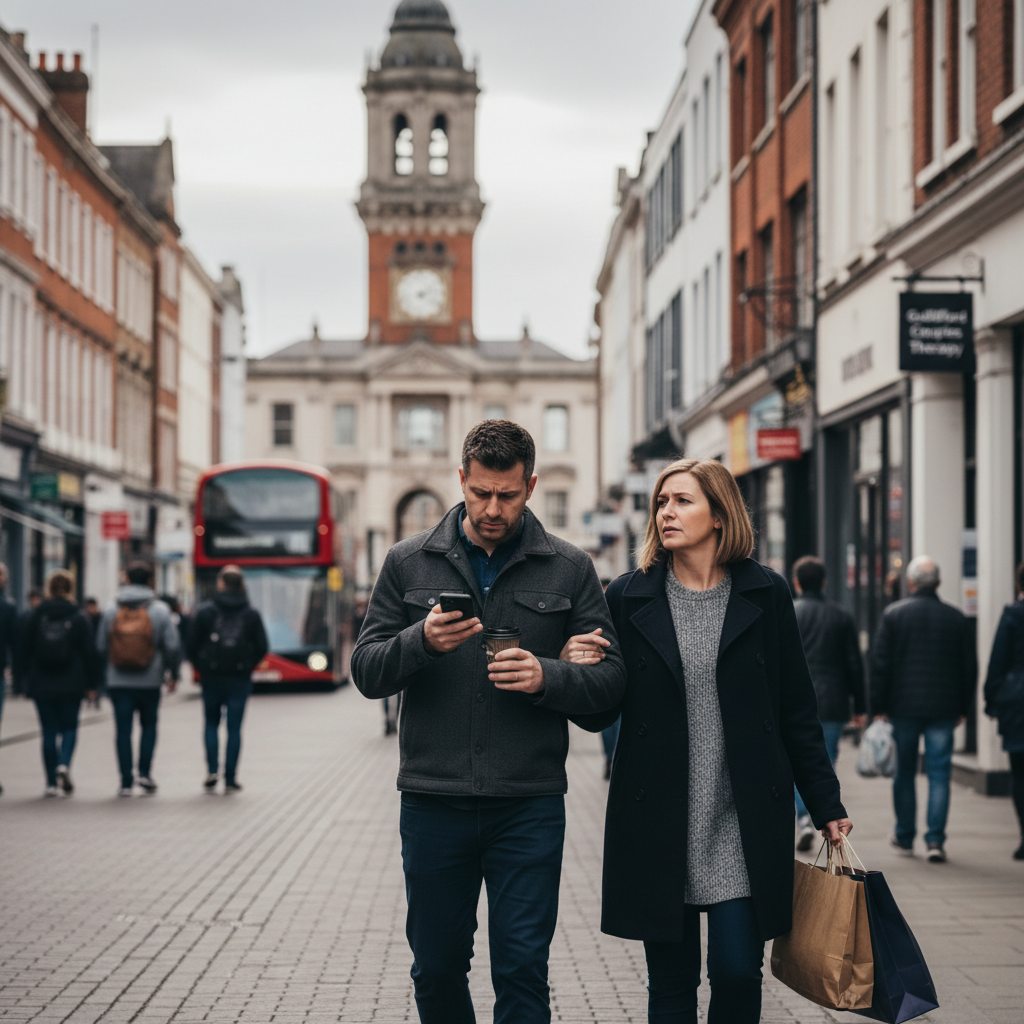 Man distracted by phone while walking arm-in-arm with woman carrying shopping bags.