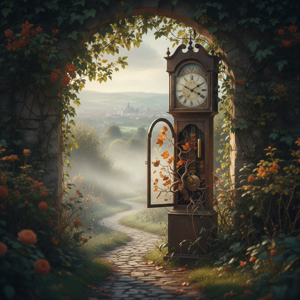 Ornate grandfather clock within a lush, ivy-covered stone archway opening to a misty path.