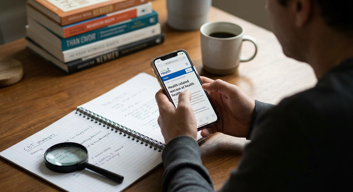A person reading health information on a smartphone beside an open notebook and coffee.