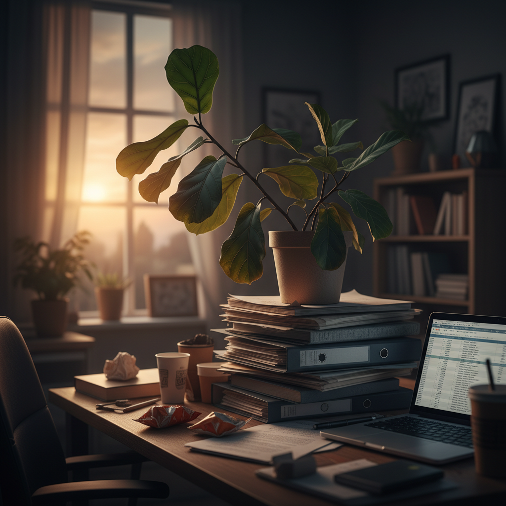 Cosy home office desk with a plant, laptop, papers, and sunset through the window.