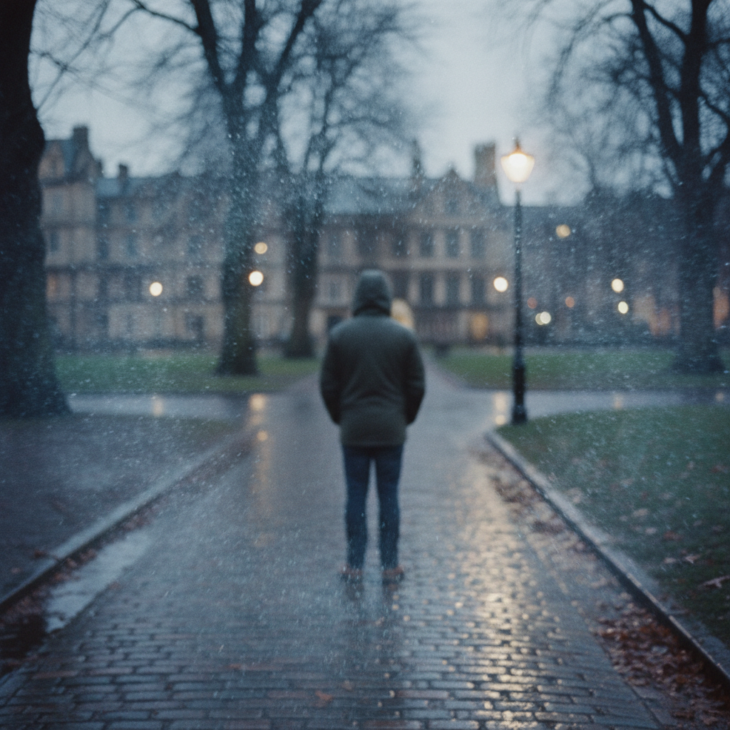 Person in a hooded coat walks on a wet cobbled path towards buildings on a rainy evening.